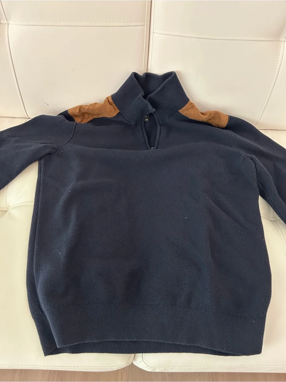 Banana Republic Navy Half-Zip Sweater with Brown Suede Shoulder Patches